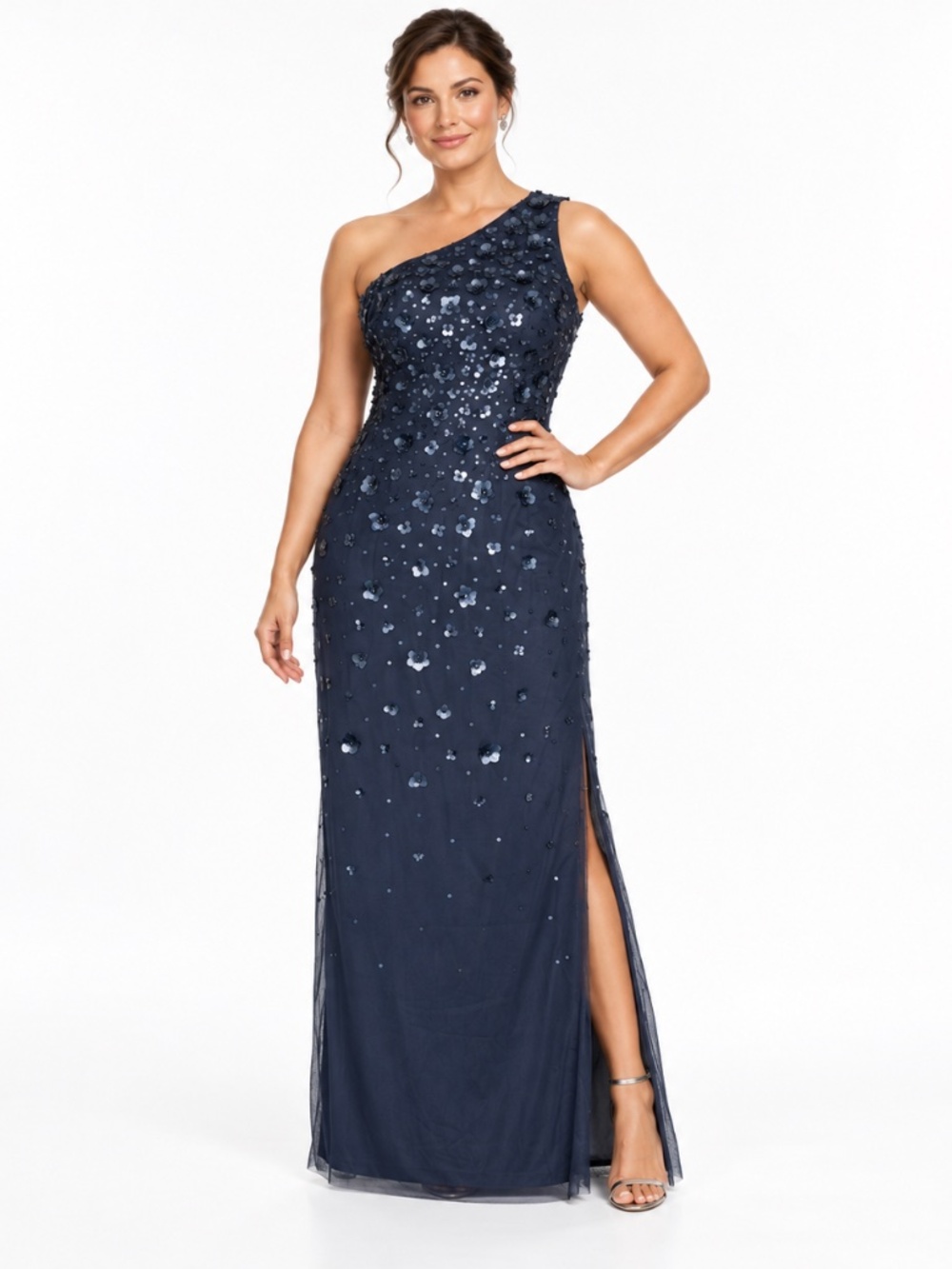 Adrianna Papell - 3D Floral Beaded Sequin One-Shoulder Gown